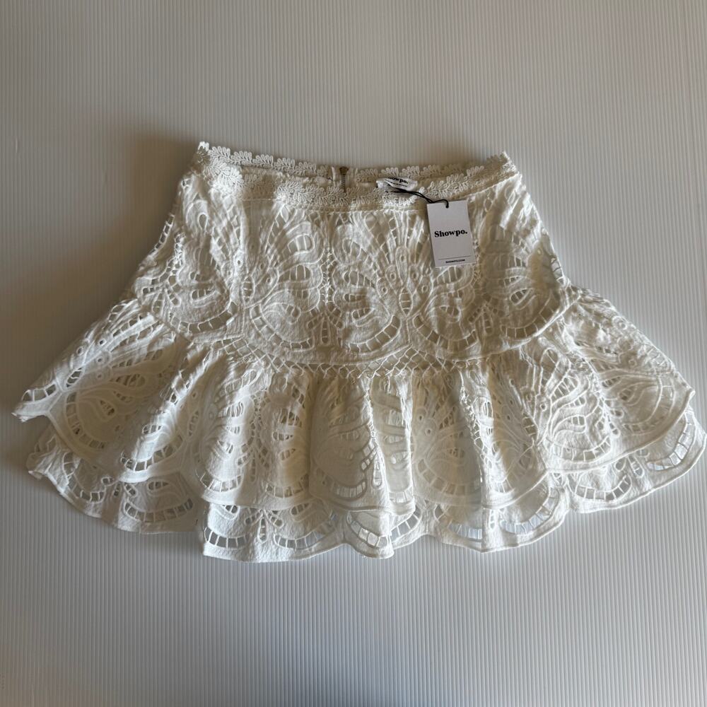 Showpo Kiss Me Softly White Lace Ruffle Mini Skirt US 12 NWT Coquette Boho Fairy - Picture 9 of 16